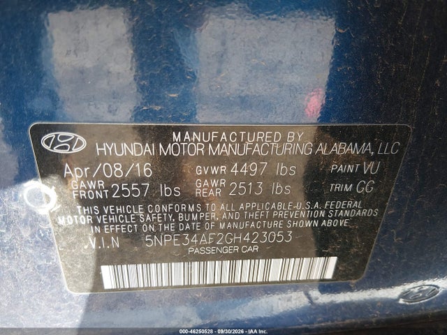 Aukcja sprzedaży 2016 Hyundai Sonata Sport, vin: 5NPE34AF2GH423053, numer aukcji: 46250528