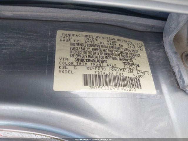 2009 Nissan Versa 1.8s მანქანა იყიდება აუქციონზე, vin: 3N1BC13E49L461010, აუქციონის ნომერი: 46250543