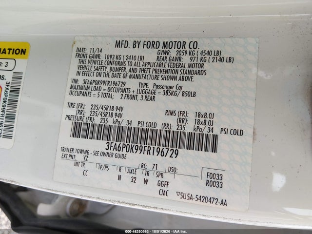Aukcja sprzedaży 2015 Ford Fusion Titanium, vin: 3FA6P0K99FR196729, numer aukcji: 46250563