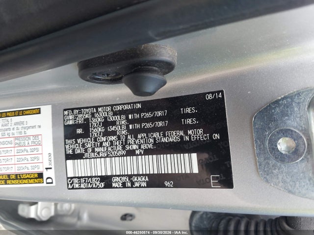 46250574 :رقم المزاد ، JTEBU5JR6F5205899 vin ، 2015 Toyota 4runner Sr5 Premium مزاد بيع