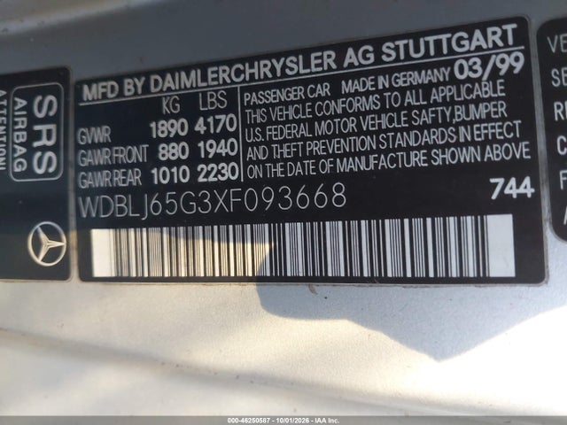 1999 Mercedes-benz Clk 320 მანქანა იყიდება აუქციონზე, vin: WDBLJ65G3XF093668, აუქციონის ნომერი: 46250587