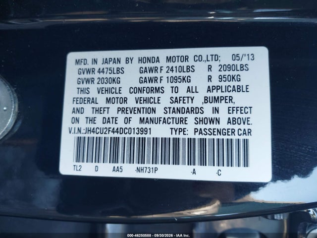 2013 Acura Tsx 2.4 მანქანა იყიდება აუქციონზე, vin: JH4CU2F44DC013991, აუქციონის ნომერი: 46250588