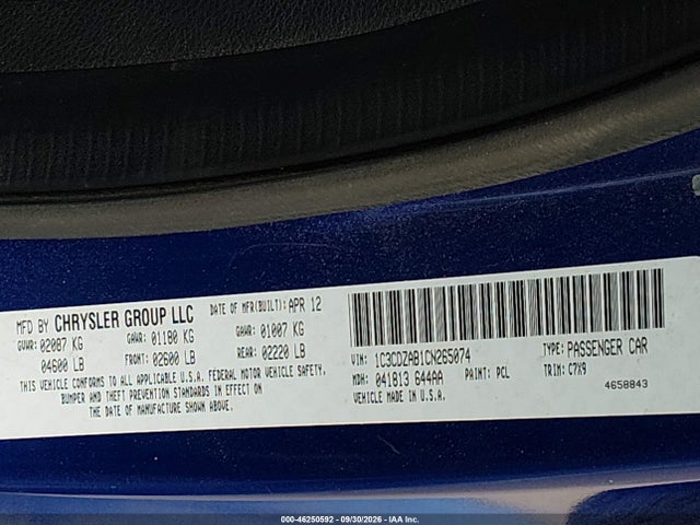 46250592 :رقم المزاد ، 1C3CDZAB1CN265074 vin ، 2012 Dodge Avenger Se مزاد بيع