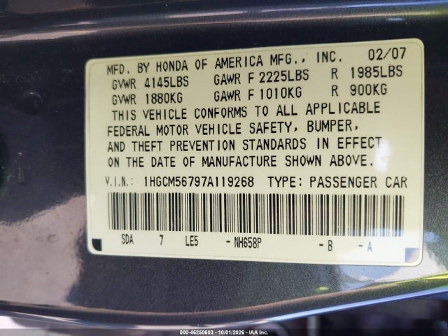 2007 Honda Accord 2.4 Ex მანქანა იყიდება აუქციონზე, vin: 1HGCM56797A119268, აუქციონის ნომერი: 46250603