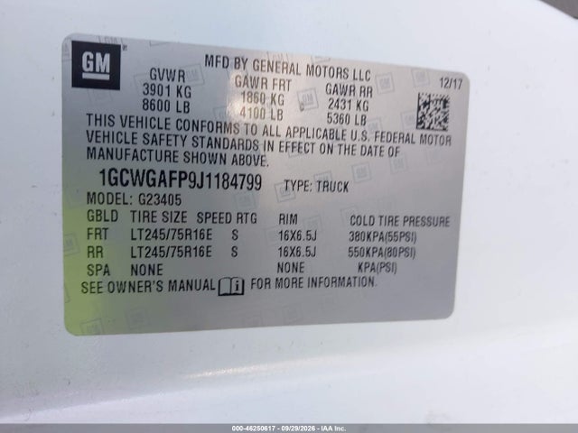 2018 Chevrolet Express G2500 მანქანა იყიდება აუქციონზე, vin: 1GCWGAFP9J1184799, აუქციონის ნომერი: 46250617
