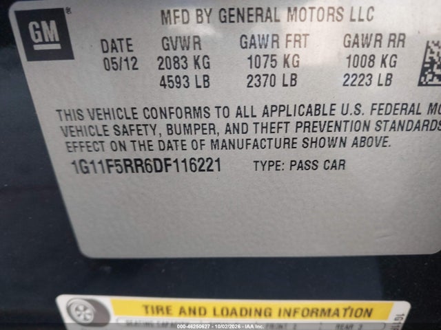 46250627 :رقم المزاد ، 1G11F5RR6DF116221 vin ، 2013 Chevrolet Malibu Eco Premium Audio مزاد بيع