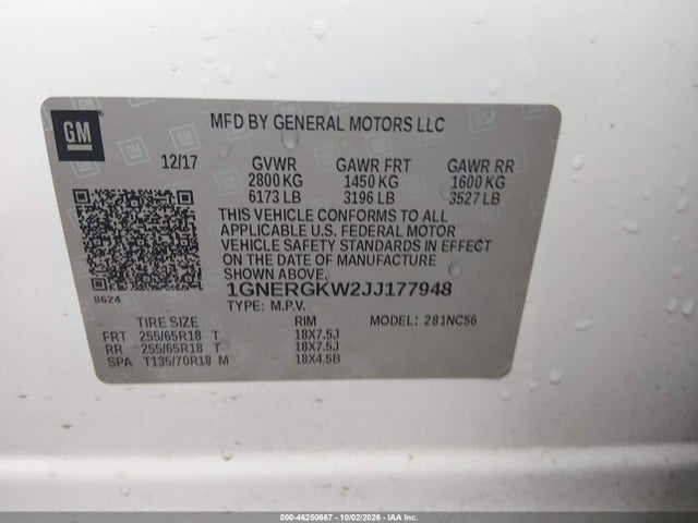 Aukcja sprzedaży 2018 Chevrolet Traverse 1lt, vin: 1GNERGKW2JJ177948, numer aukcji: 46250667