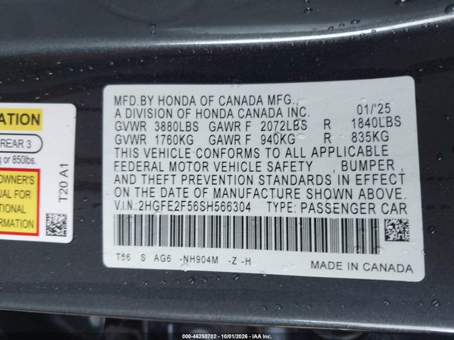 Продажа на аукционе авто 2025 Honda Civic Sport, vin: 2HGFE2F56SH566304, номер лота: 46250702