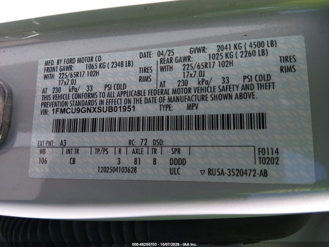 Aukcja sprzedaży 2025 Ford Escape Active, vin: 1FMCU9GNXSUB01951, numer aukcji: 46250703