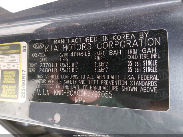 46250712 :رقم المزاد ، KNDPBCAC0F7792055 vin ، 2015 Kia Sportage Lx مزاد بيع