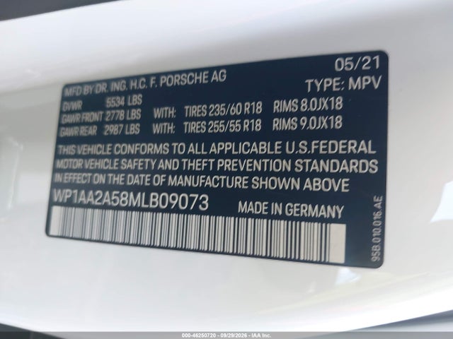 Продажа на аукционе авто 2021 Porsche Macan, vin: WP1AA2A58MLB09073, номер лота: 46250720