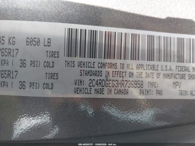 Aukcja sprzedaży 2017 Dodge Grand Caravan Gt, vin: 2C4RDGEG3HR736958, numer aukcji: 46250757