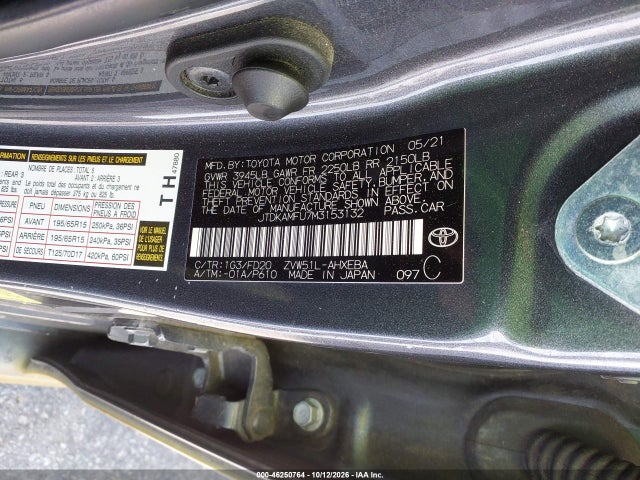 Продаж на аукціоні авто 2021 Toyota Prius Le, vin: JTDKAMFU7M3153132, номер лоту: 46250764
