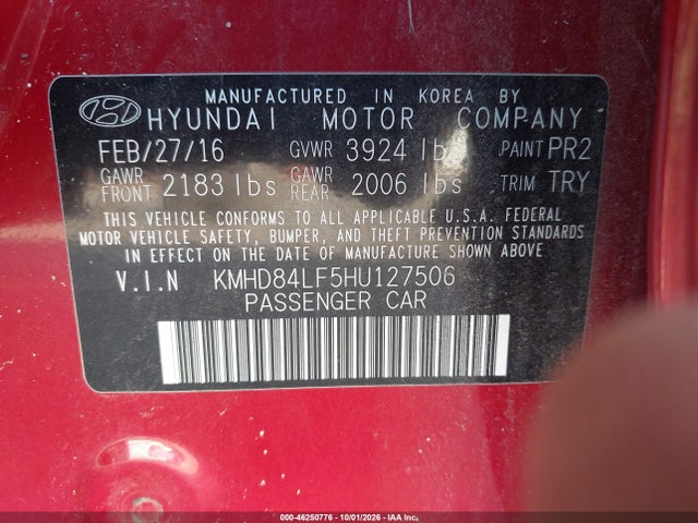 46250776 :رقم المزاد ، KMHD84LF5HU127506 vin ، 2017 Hyundai Elantra Limited مزاد بيع