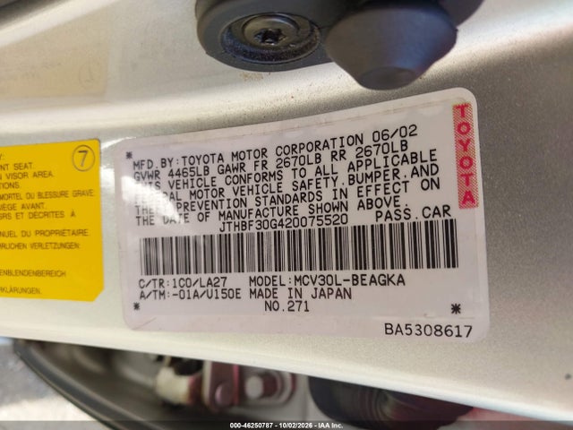 Aukcja sprzedaży 2002 Lexus Es 300, vin: JTHBF30G420075520, numer aukcji: 46250787
