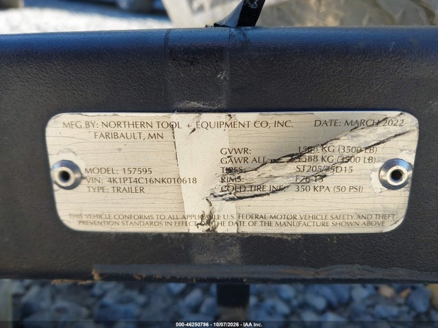 Продаж на аукціоні авто 2022 Northstar Pressure Washer Trailer, vin: 4K1PT4C16NK010618, номер лоту: 46250796