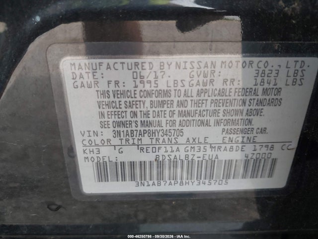 Продажа на аукционе авто 2017 Nissan Sentra S, vin: 3N1AB7AP8HY345705, номер лота: 46250798