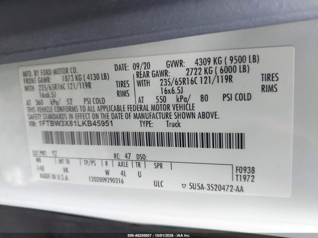 Aukcja sprzedaży 2020 Ford Transit-350 Cargo Van, vin: 1FTBW3X81LKB45951, numer aukcji: 46250807