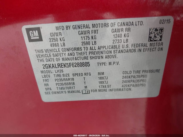 Aukcja sprzedaży 2015 Gmc Terrain Sle-2, vin: 2GKALREK5F6280805, numer aukcji: 46250817