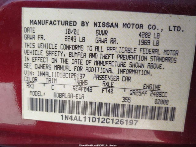 2002 Nissan Altima 2.5 S მანქანა იყიდება აუქციონზე, vin: 1N4AL11D12C126197, აუქციონის ნომერი: 46250828