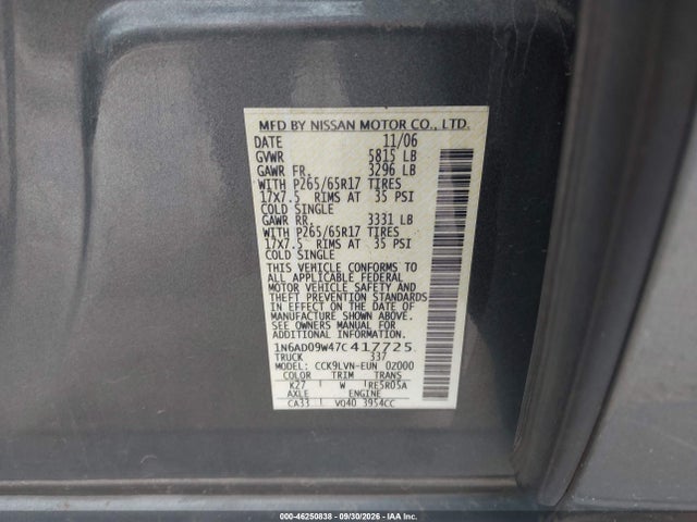 46250838 :رقم المزاد ، 1N6AD09W47C417725 vin ، 2007 Nissan Frontier Le مزاد بيع