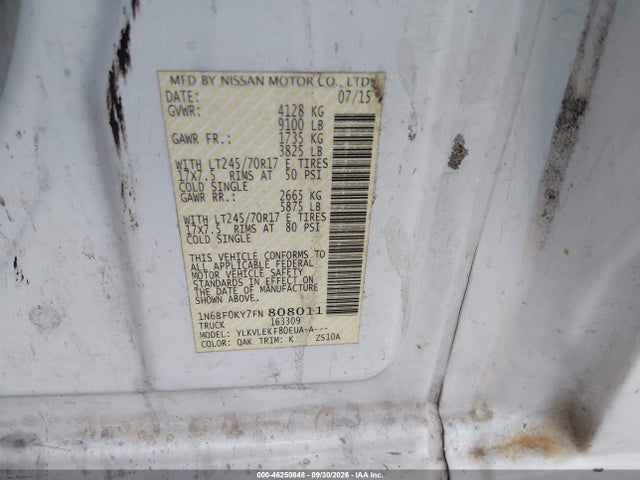 2015 Nissan Nv Cargo Nv2500 Hd Sv V6 მანქანა იყიდება აუქციონზე, vin: 1N6BF0KY7FN808011, აუქციონის ნომერი: 46250848