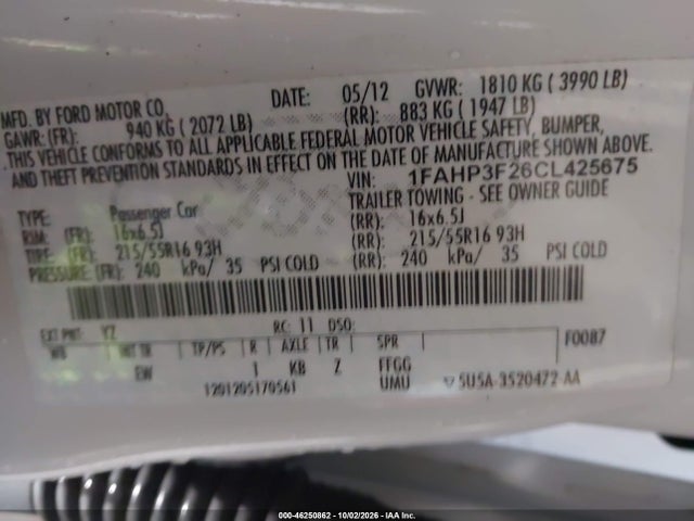 Продаж на аукціоні авто 2012 Ford Focus Se, vin: 1FAHP3F26CL425675, номер лоту: 46250862