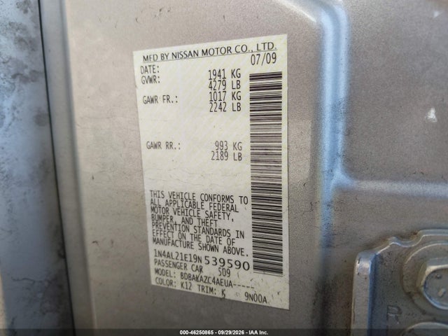 Aukcja sprzedaży 2009 Nissan Altima 2.5, vin: 1N4AL21E19N539590, numer aukcji: 46250865