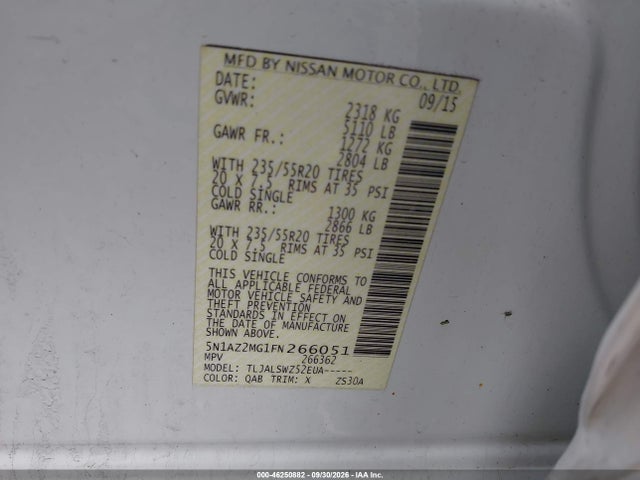 46250882 :رقم المزاد ، 5N1AZ2MG1FN266051 vin ، 2015 Nissan Murano Platinum مزاد بيع