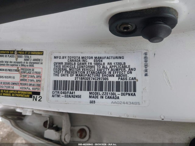 46250943 :رقم المزاد ، 2T1BR32E74C297305 vin ، 2004 Toyota Corolla Le مزاد بيع