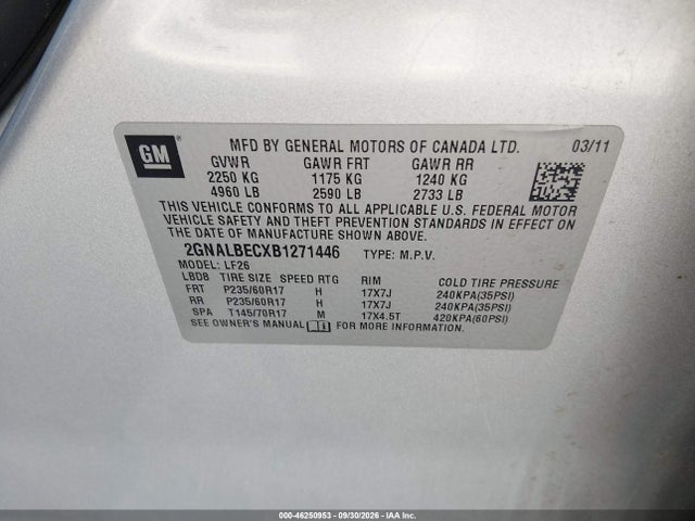 Продаж на аукціоні авто 2011 Chevrolet Equinox Ls, vin: 2GNALBECXB1271446, номер лоту: 46250953