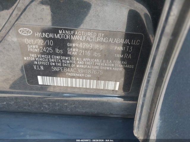 Aukcja sprzedaży 2011 Hyundai Sonata Gls, vin: 5NPEB4AC3BH187675, numer aukcji: 46250972