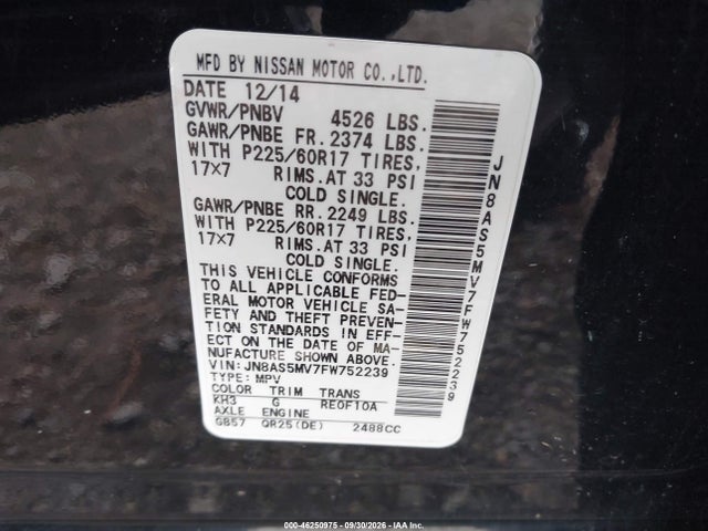 2015 Nissan Rogue Select S მანქანა იყიდება აუქციონზე, vin: JN8AS5MV7FW752239, აუქციონის ნომერი: 46250975