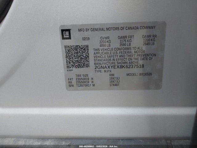 Продаж на аукціоні авто 2019 Chevrolet Equinox Premier, vin: 2GNAXYEX8K6237518, номер лоту: 46250982