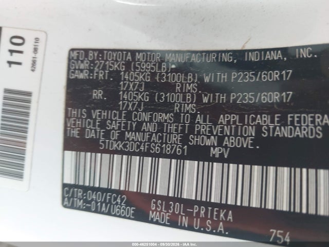 46251004 :رقم المزاد ، 5TDKK3DC4FS618761 vin ، 2015 Toyota Sienna Le 8 Passenger مزاد بيع