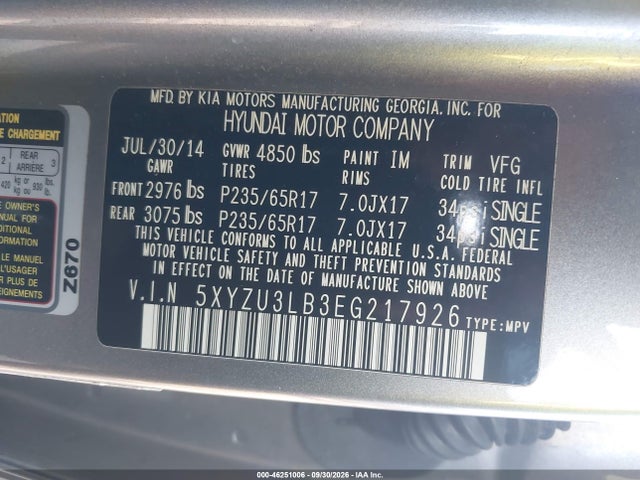 46251006 :رقم المزاد ، 5XYZU3LB3EG217926 vin ، 2014 Hyundai Santa Fe Sport 2.4l مزاد بيع