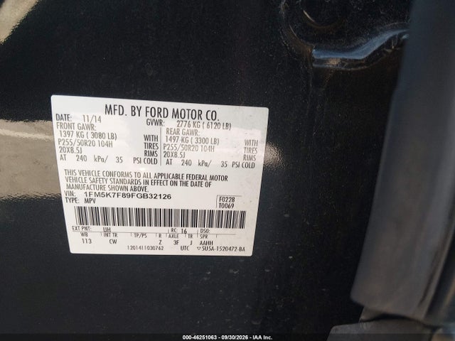 46251063 :رقم المزاد ، 1FM5K7F89FGB32126 vin ، 2015 Ford Explorer Limited مزاد بيع