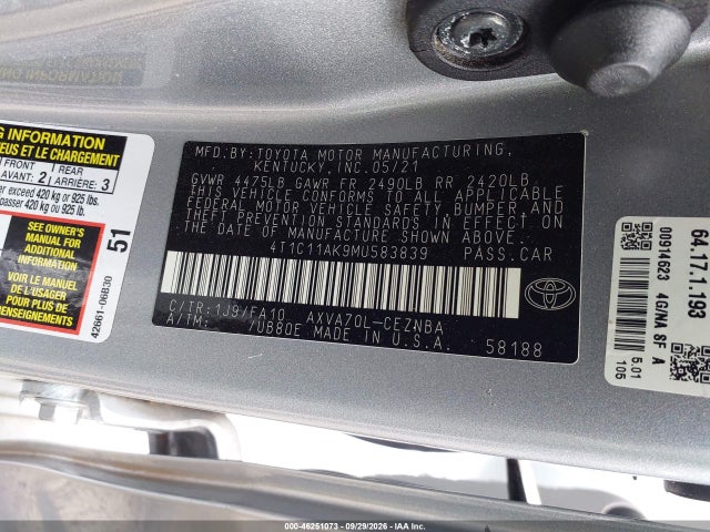 Aukcja sprzedaży 2021 Toyota Camry Le, vin: 4T1C11AK9MU583839, numer aukcji: 46251073