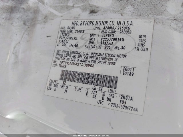 2003 Ford Ranger Edge/tremor/xlt მანქანა იყიდება აუქციონზე, vin: 1FTYR44V43TA38906, აუქციონის ნომერი: 46251090