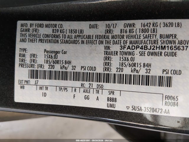 46251091 :رقم المزاد ، 3FADP4BJ2HM165637 vin ، 2017 Ford Fiesta Se مزاد بيع