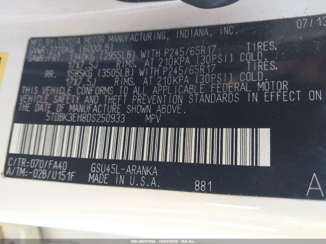 46251094 :رقم المزاد ، 5TDBK3EH8DS250933 vin ، 2013 Toyota Highlander Plus مزاد بيع