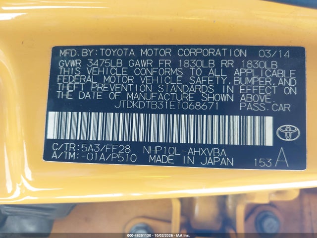 Aukcja sprzedaży 2014 Toyota Prius C Two, vin: JTDKDTB31E1068671, numer aukcji: 46251130
