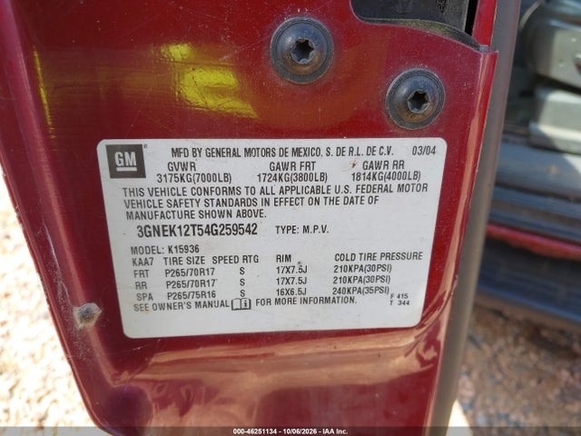 46251134 :رقم المزاد ، 3GNEK12T54G259542 vin ، 2004 Chevrolet Avalanche 1500 مزاد بيع