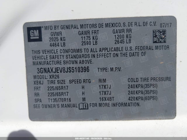 Продажа на аукционе авто 2018 Chevrolet Equinox Lt, vin: 3GNAXJEV8JS510396, номер лота: 46251140