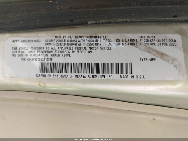 Aukcja sprzedaży 2005 Subaru Outback 2.5i Limited, vin: 4S4BP62C657310128, numer aukcji: 46251143
