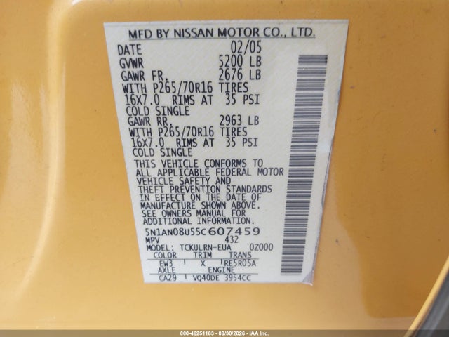 Aukcja sprzedaży 2005 Nissan Xterra S, vin: 5N1AN08U55C607459, numer aukcji: 46251163