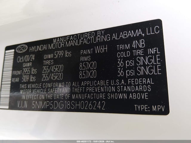 46251172 :رقم المزاد ، 5NMP5DG18SH026242 vin ، 2025 Hyundai Santa Fe Hybrid Calligraphy مزاد بيع