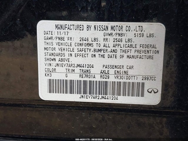 46251175 :رقم المزاد ، JN1EV7AR2JM441204 vin ، 2018 Infiniti Q50 3.0t Sport مزاد بيع