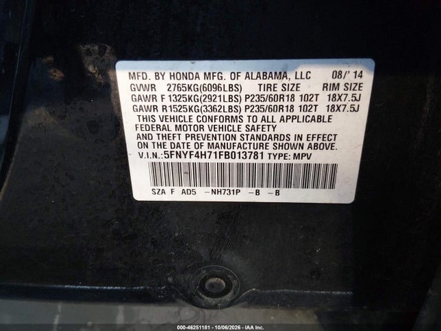 Продаж на аукціоні авто 2015 Honda Pilot Ex-l, vin: 5FNYF4H71FB013781, номер лоту: 46251181