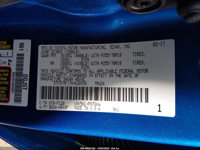 2017 Toyota Tundra Sr5 5.7l V8 მანქანა იყიდება აუქციონზე, vin: 5TFDY5F17HX628938, აუქციონის ნომერი: 46251185
